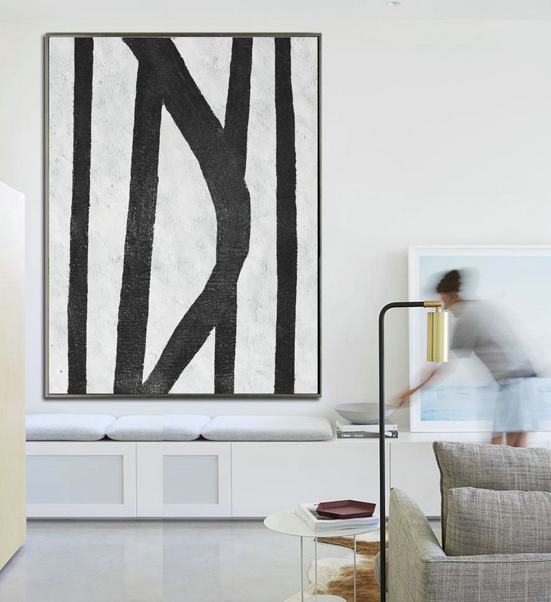 Hand Paint Large Art,Black And White Minimal Painting On Canvas - Decorating A Big Living Room